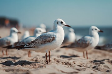 Fototapeta premium Seagulls basking on a serene beach during a sunny day, capturing the essence of coastal tranquility and wildlife interaction