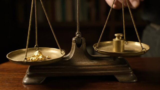 A hand places a weight on a balance scale with gold nuggets