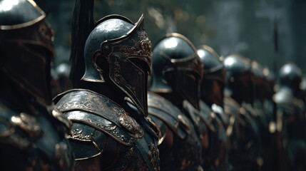 Cinematic scene showing a group of armored soldiers ready for battle in an ancient setting during a cloudy day