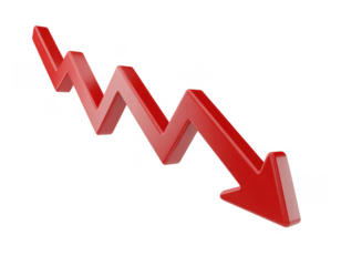 Red 3D downward arrow graph red arrow 3D graph downward trend isolated on a transparent background