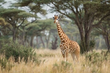 Obraz premium Masai giraffe stands tall among acacia trees in the African savanna during early morning light, showcasing its unique spotted coat and elegant posture in natural habitat