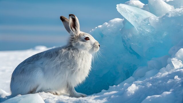 Majestic Arctic Hare (Lepus arcticus) in Frozen Tundra &ndash; Stunning Winter Wildlife Portrait