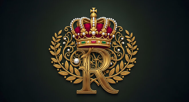 An ornate golden letter R topped with a majestic royal crown decorated with pearls and gems surrounded by a golden laurel wreath on a dark background