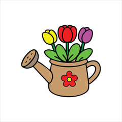 Hand drawn icon of garden watering can with flowers in doodles style