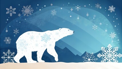 Whimsical Polar Bear Illustration in Arctic Winter Wonderland &ndash; Festive Holiday Background with Snowflakes and Northern Lights