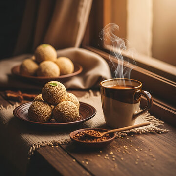 cup of coffee and cookies, Fresh Traditional Indian Til Ladoo in Rustic Woven Basket. Soft Morning Light, Authentic Sesame Balls. Homemade Sweet on Wooden Table.