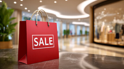 A vibrant red shopping bag with SALE printed, with modern shopping mall in the background
