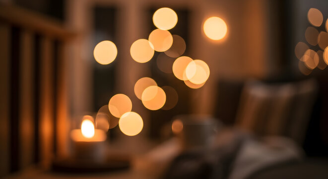 A blurred warm indoor scene featuring a glowing candle in the foreground and golden light circles in a dark cozy room