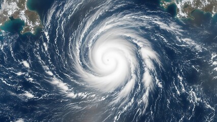 Swirling white clouds forming a powerful hurricane over the blue ocean with visible landmasses in the background