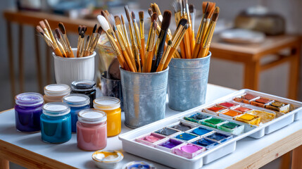 art supplies is on a table, a palette with various watercolors and a set of paintbrushes in a holders