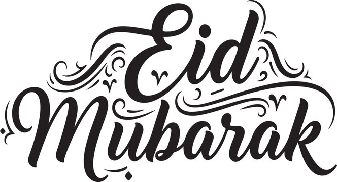 Eid Mubarak elegant hand lettering typography with crescent moon and hanging star for Islamic greeting card designs