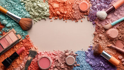Various makeup products, including brushes, eyeshadow palettes, compact powder, lipsticks, and scattered loose powder, arranged around the edges of a neutral-toned surface