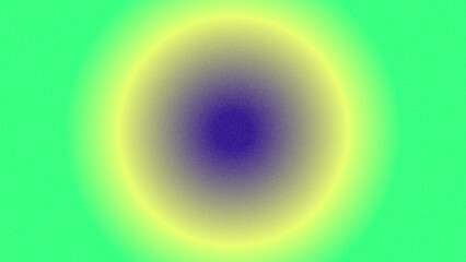 Concentric gradient circle with dark blue center and luminous yellow halo against a vibrant green grainy field