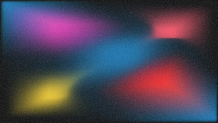 Dark blurred colorful lights, vibrant purple blue yellow red gradient, grainy texture overlay, moody atmospheric backdrop