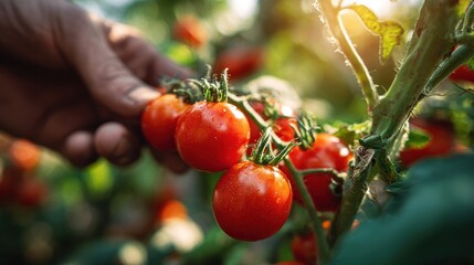 Closeup of ripe tomatoes on the vine with a farmer harvesting in a sunny field during the daytime
