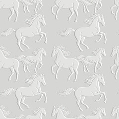 Elegant seamless pattern with 3D embossed white horses on a grey background. Textured, paper cut style vector illustration of galloping stallions, perfect for luxury wallpaper. Endless emboss texture.