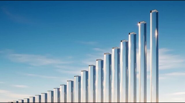 A series of tall, silver cylindrical structures ascending in height against a clear blue sky with scattered clouds, viewed from a low angle.