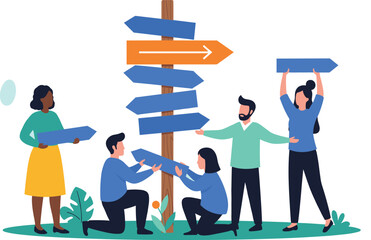 Teamwork and decision making concept illustration with people choosing directions and assembling signpost arrows in flat vector style © Mostafijur