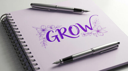 a light purple notebook with the word "GROW" in a decorative purple font and floral embellishments. Two silver fountain pens are positioned near the top and bottom