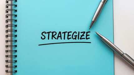 A spiral notebook with a blue page displays "STRATEGIZE" boldly written, accompanied by two silver pens