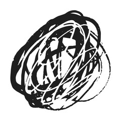 Crude hand drawn chaotic scribbles form an abstract black shape against a white background.