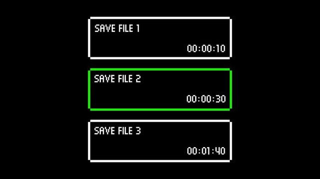 8-bit pixel art game save file load screen. looped animation 4k 30fps