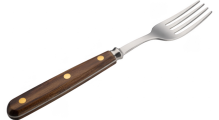 Fork with wooden handle and gold dots silver cutlery isolated on a transparent background