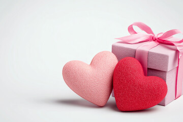 Obraz premium Red and Pink Valentine Hearts with Ribbon and Gift Box Isolated on White