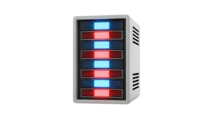Server Rack with Blue and Red Lights on Black Background