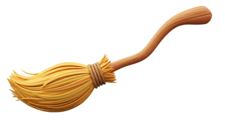 Wooden Broom with Straw Bristles on Black Background