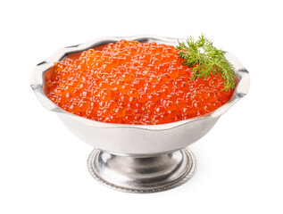 Bowl of delicious red caviar on white background