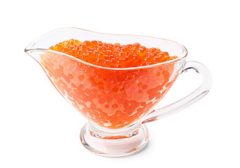 Gravy boat of delicious red caviar on white background