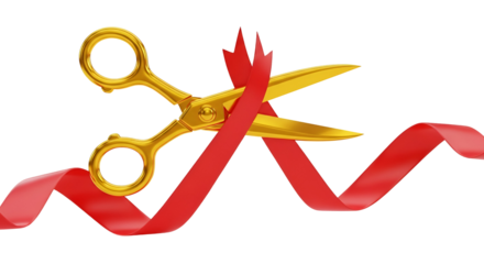 Golden Scissors Cutting Red Ribbon on Black Background