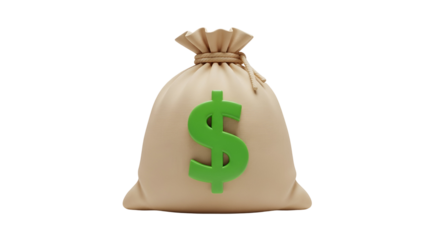 Green dollar sign on beige sack of money against black background