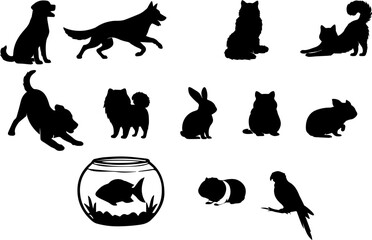 silhouette pet animal postures small animal poses in black shape dog cat rat monochrome graphic element