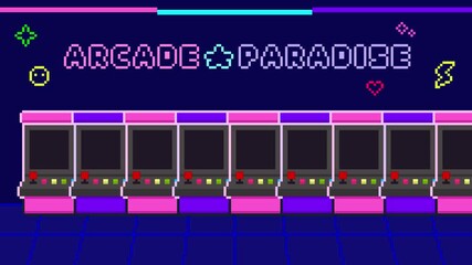 8-bit pixel art neon arcade room. looped animation 4k 30fps - Powered by Adobe