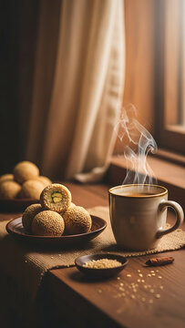 cup of coffee and cookies, Fresh Traditional Indian Til Ladoo in Rustic Woven Basket. Soft Morning Light, Authentic Sesame Balls. Homemade Sweet on Wooden Table.