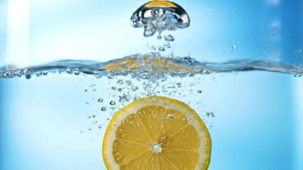 A vibrant slice of lemon submerged in clear water, creating dynamic splashes and bubbles, set against a soft blue background, ideal for refreshing beverage promotions or culinary uses