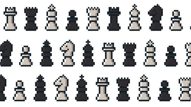 8-bit pixel art background in which chess piece patterns move from side to side. looped animation 4k 30fps