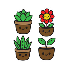 A cartoon drawing of a potted plant with a smiley face