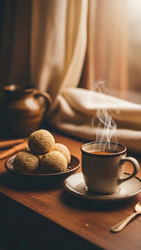 cup of coffee and cookies, Fresh Traditional Indian Til Ladoo in Rustic Woven Basket. Soft Morning Light, Authentic Sesame Balls. Homemade Sweet on Wooden Table.