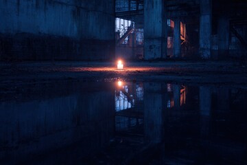 Fototapeta premium Candle shines in dark space near water reflection in abandoned building at night