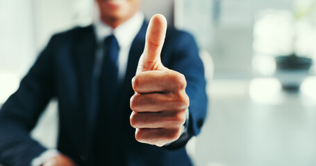 Businessman, hand and good job with thumbs up for feedback, well done or approval in office....