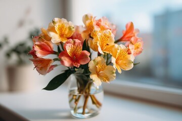 Fototapeta premium Alstroemeria Flowers in Glass Vase on Window Sill with Soft Natural Light for Spring Season Home Decor and Interior Floral Arrangement Branding with Copy Space