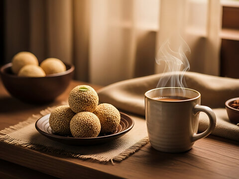 cup of coffee and cookies, Fresh Traditional Indian Til Ladoo in Rustic Woven Basket. Soft Morning Light, Authentic Sesame Balls. Homemade Sweet on Wooden Table.
