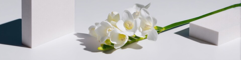Obraz premium White Freesia Flower Stem on Minimalist Display Pedestals for Product Showcase and Beauty Branding Layout, Floral Element for Wedding Invitation Mockup and Web Header