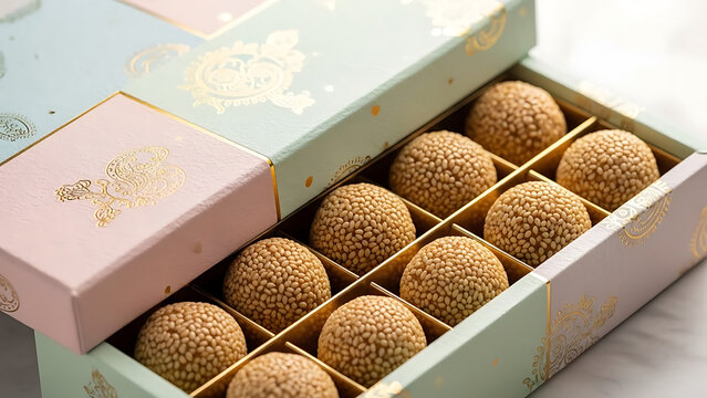 gift box with golden ribbon, Fresh Traditional Indian Til Ladoo in Rustic Woven Basket. Soft Morning Light, Authentic Sesame Balls. Homemade Sweet on Wooden Table.