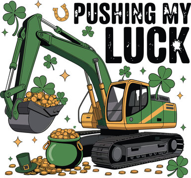 construction excavator digging pot of gold and clovers for St. Patrick's Day