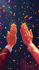A low-angle shot of two raised hands surrounded by colorful confetti