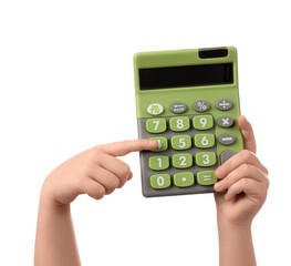Child's hands with calculator on white background